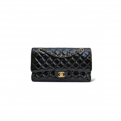 CHANEL PATENT SHINY BLACK MEDIUM CLASSIC FLAP BAG (25*15*7cm) 